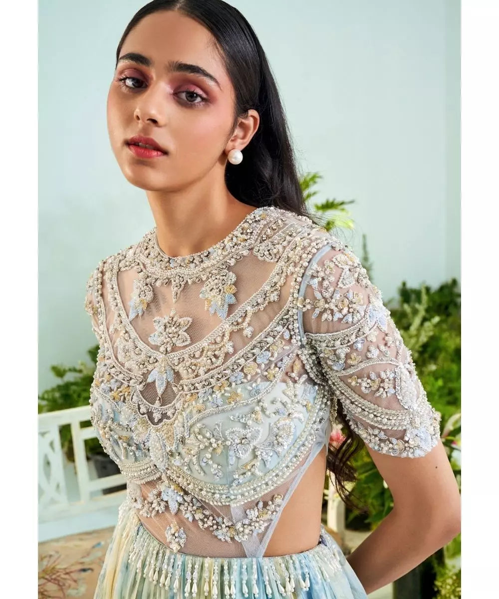 MANI BHATIA - Ice blue floral print Anarkali with Dupatta